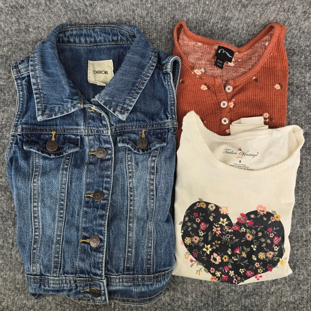 Lot of 3 Girls Sz 8 Boho Floral Denim Vest Set Cherokee School Country Western